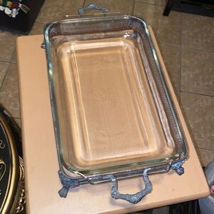 BX47 VINTAGE ANCHOR HOCKING 3 QT SILVER PLATE SERVER WITH GLASS CASSEROLE DISH